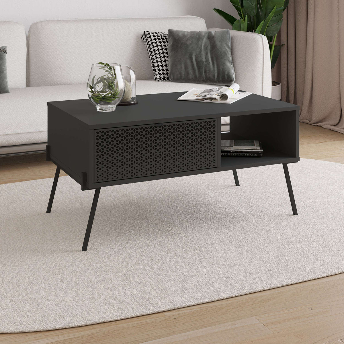 Anthracite grey coffee table with UV pattern panel and open shelf