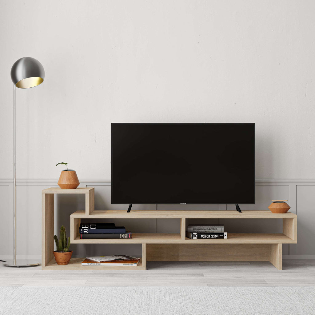 Modern TV stand with open shelves, light wood finish and media compartments