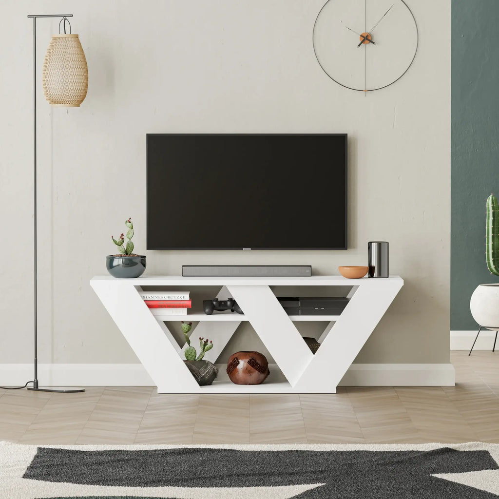 Modern white TV stand with open V-shaped shelf and drawer, 110 cm width