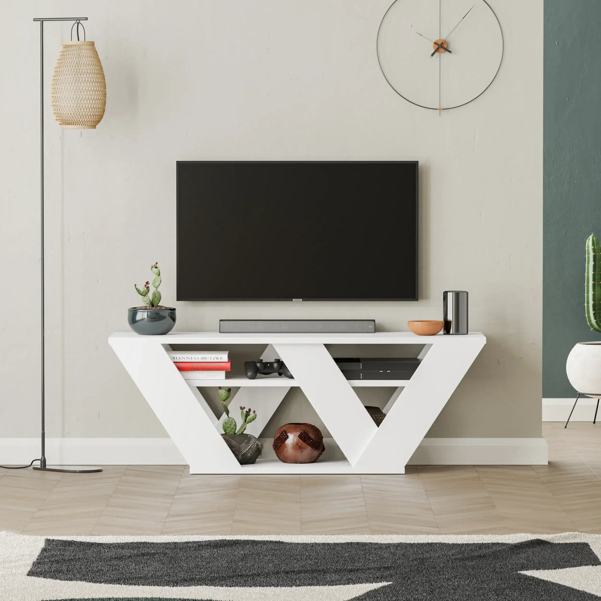 Modern white TV stand with open V-shaped shelf and drawer, 110 cm width