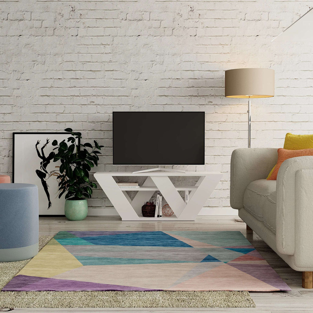 Modern white TV stand with open V shelves and drawer for TV setup