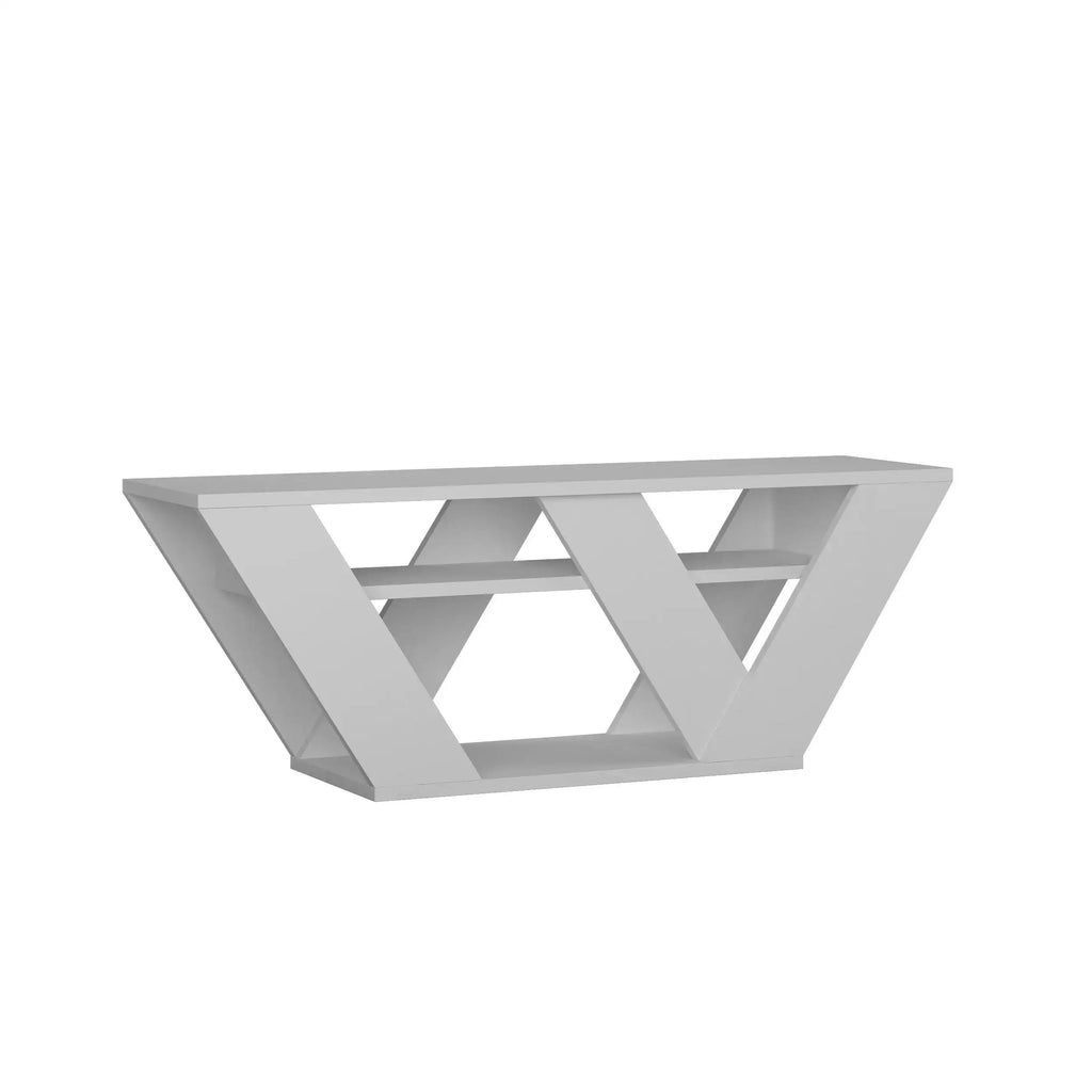 Modern light gray TV stand with geometric triangular open frame