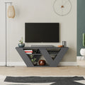 Modern dark gray TV stand with triangular open shelves and media compartments