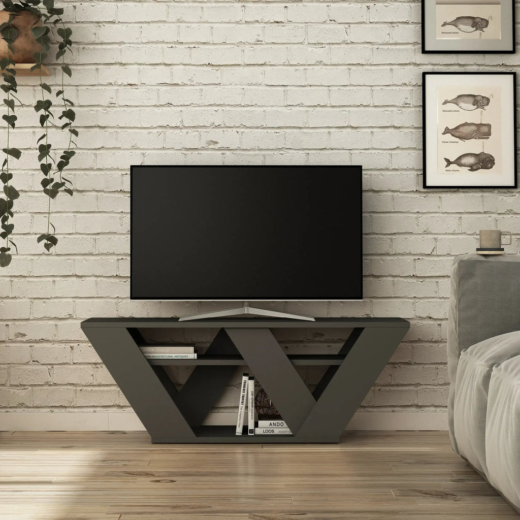 Modern anthracite TV stand with open V-shaped shelves and pull-out drawer