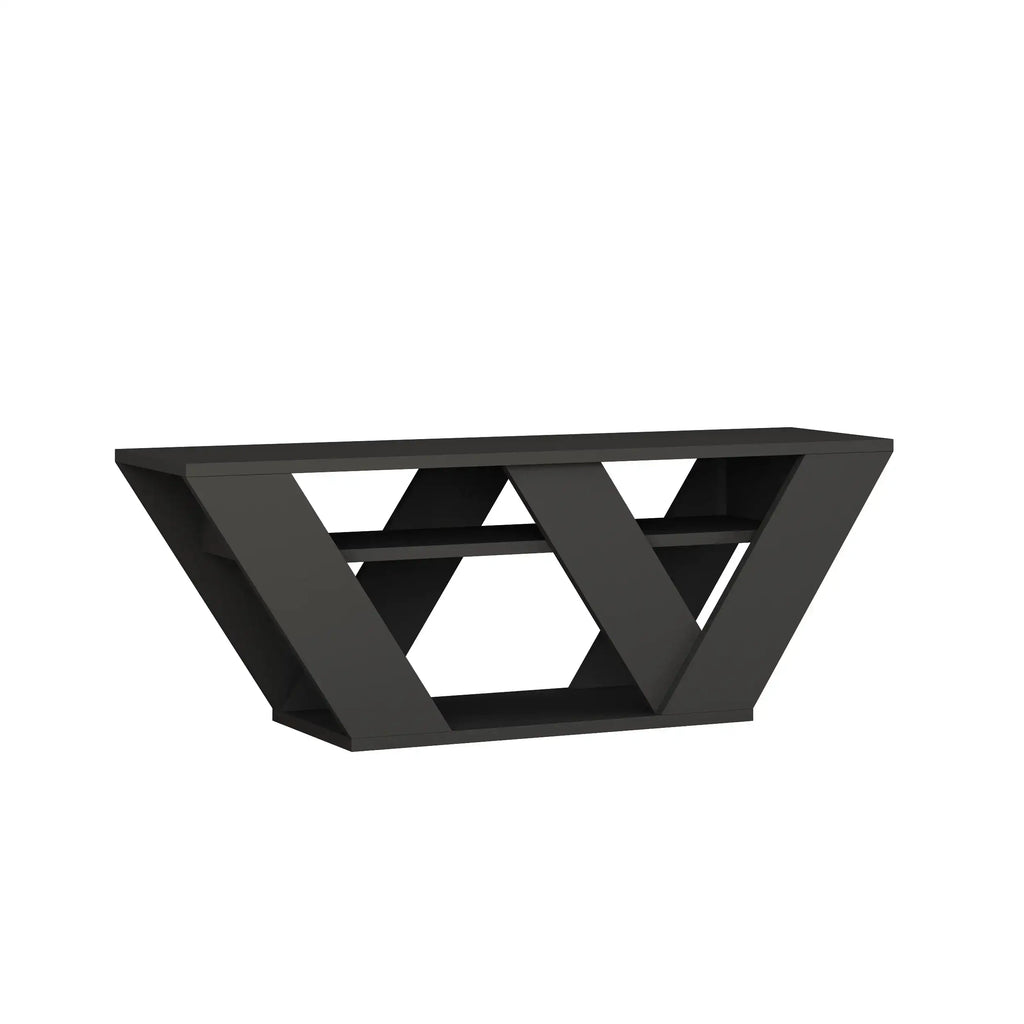 Modern black TV stand with geometric triangular open frame
