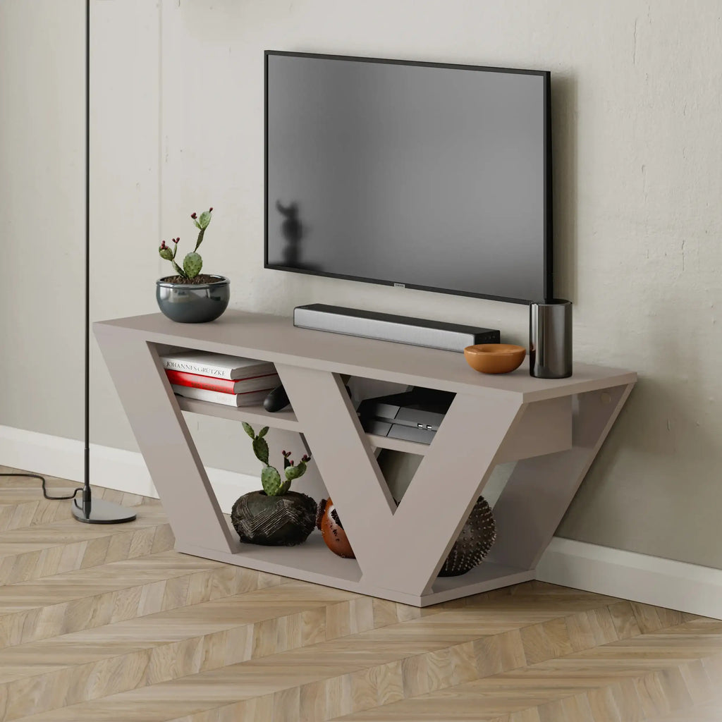 Modern TV stand with open V-shaped shelves and cable-ready center niche, light grey