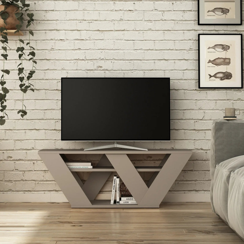 White modern TV stand with open V storage and pull-out drawer