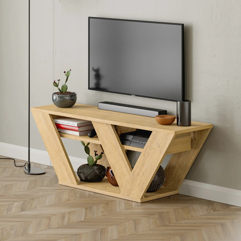 Modern light oak TV stand with open V-shaped shelves and pull-out drawer