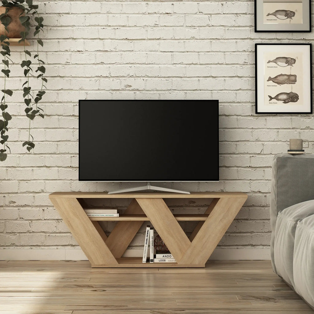 Modern light wood TV stand with open triangular shelving and front drawers