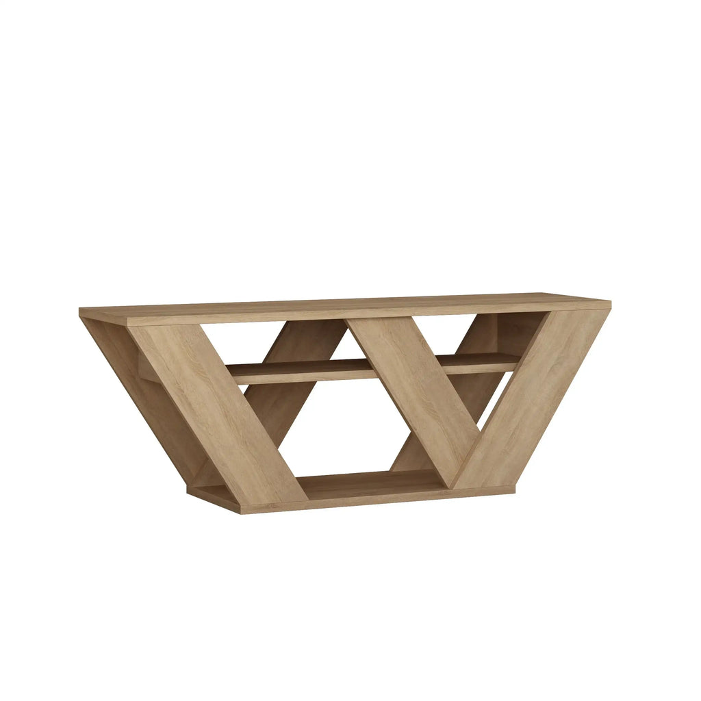 Modern TV stand with geometric V-shaped cutout shelves, light oak woodgrain