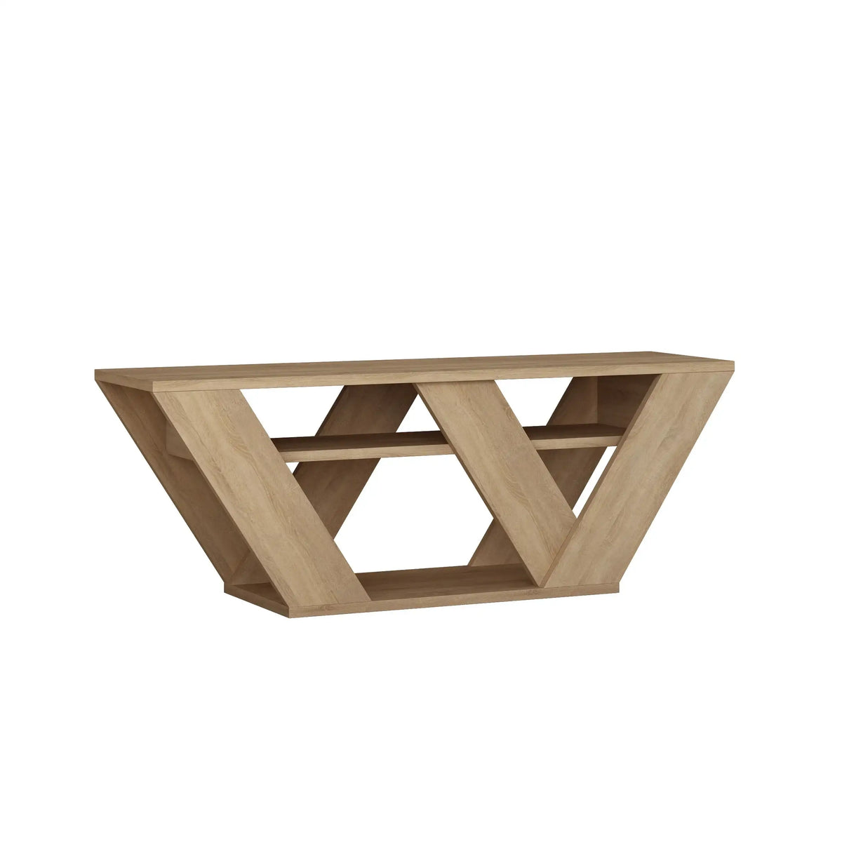 Modern TV stand with geometric V-shaped cutout shelves, light oak woodgrain