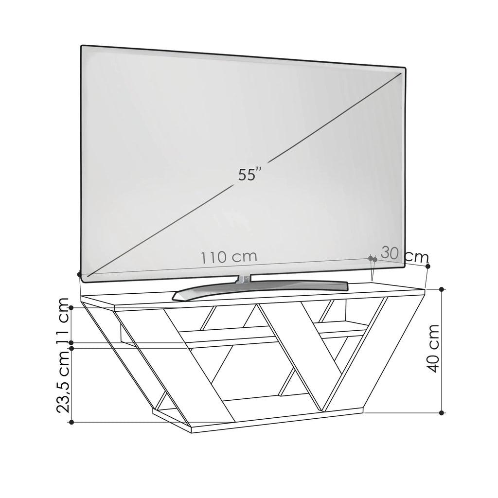 Modern TV stand size diagram, 110 cm wide with triangular open base