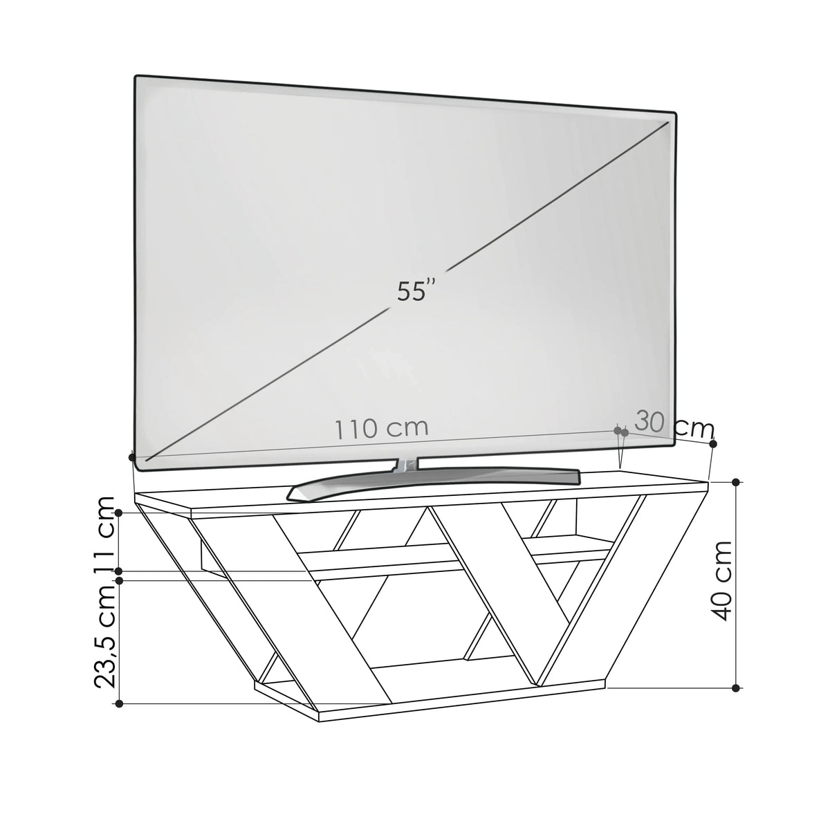 Modern TV stand size diagram, 110 cm wide with triangular open base