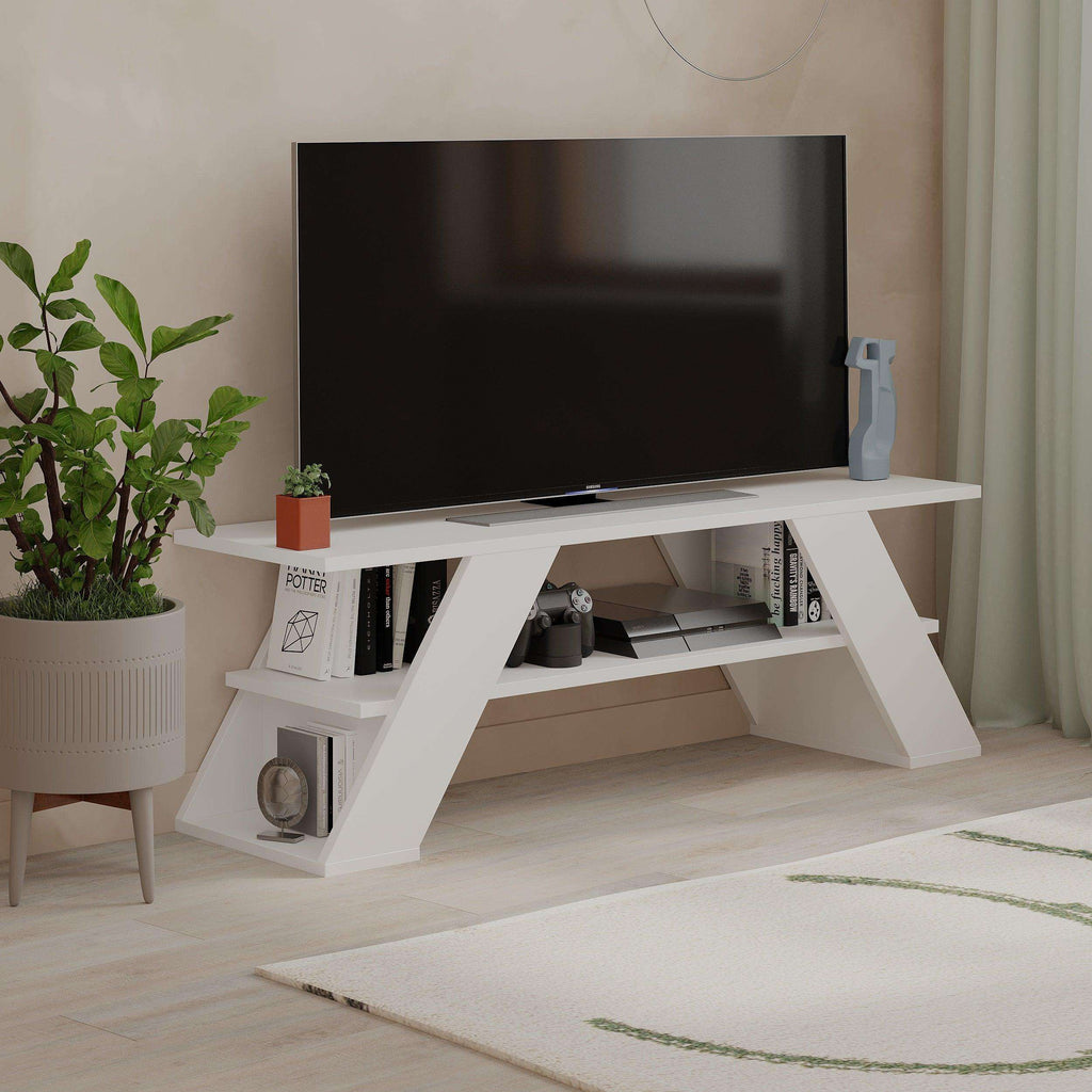 Modern TV stand with shelves, white frame and open media storage under TV
