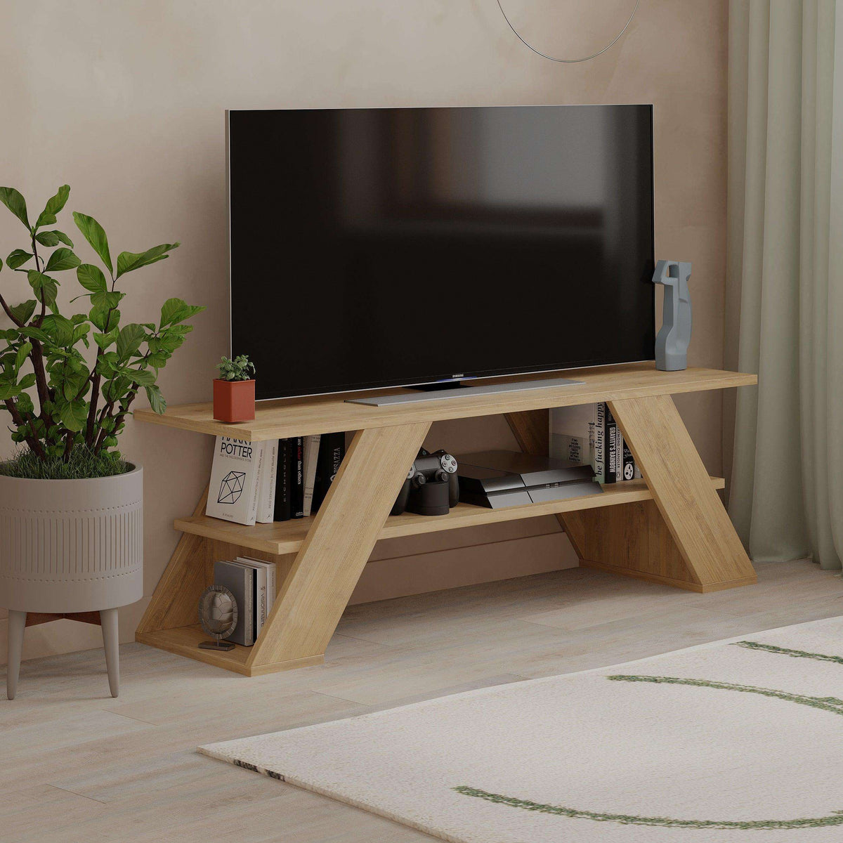 Modern TV stand with open shelves, light oak finish, angled legs and display compartment