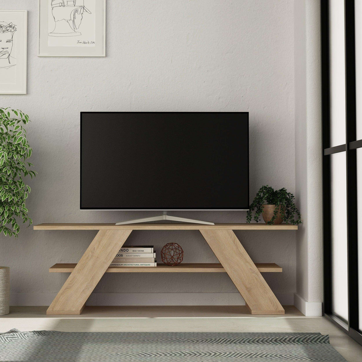 Modern TV stand with shelves, light oak legs and open media storage center