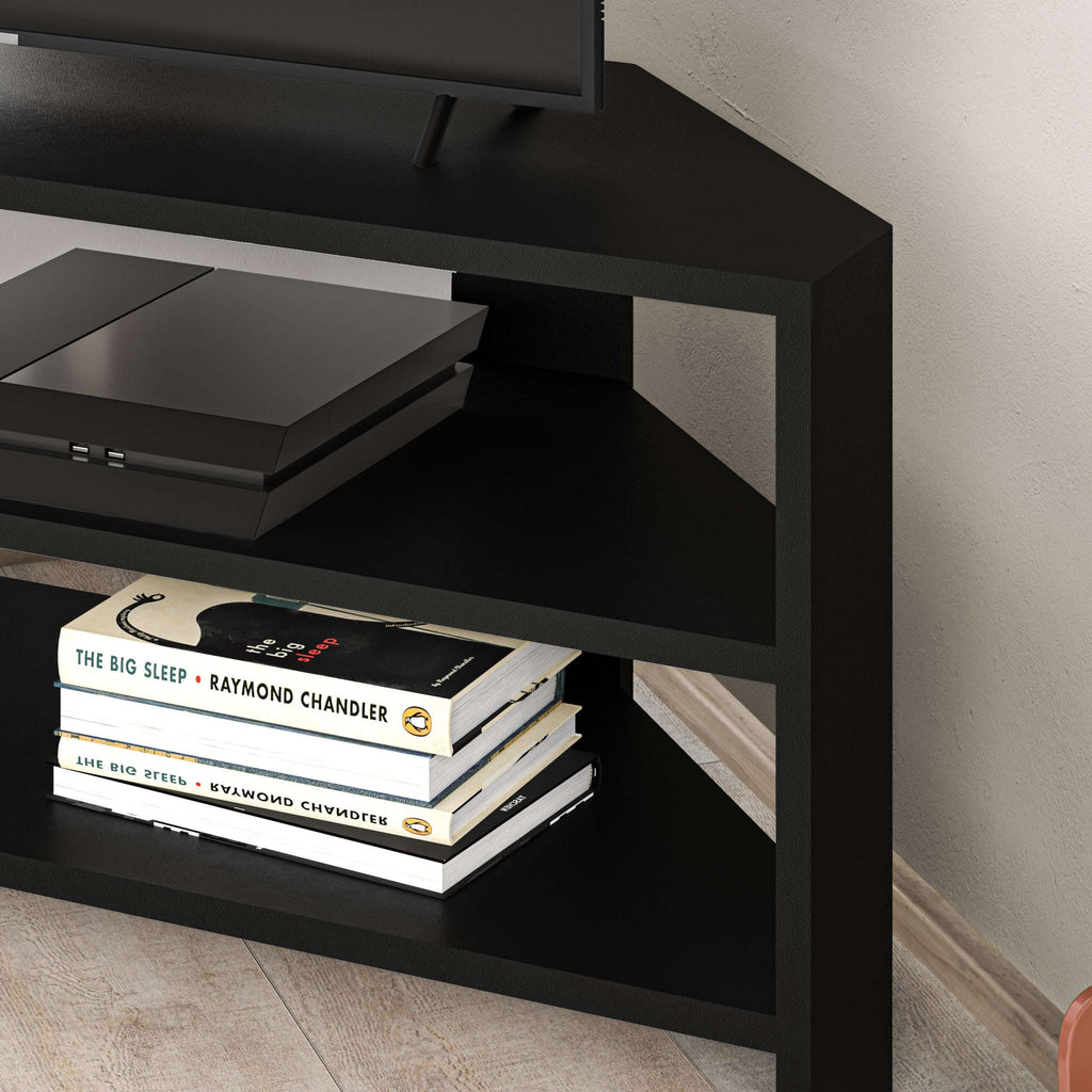 Black corner TV stand shelf with open storage and stacked books