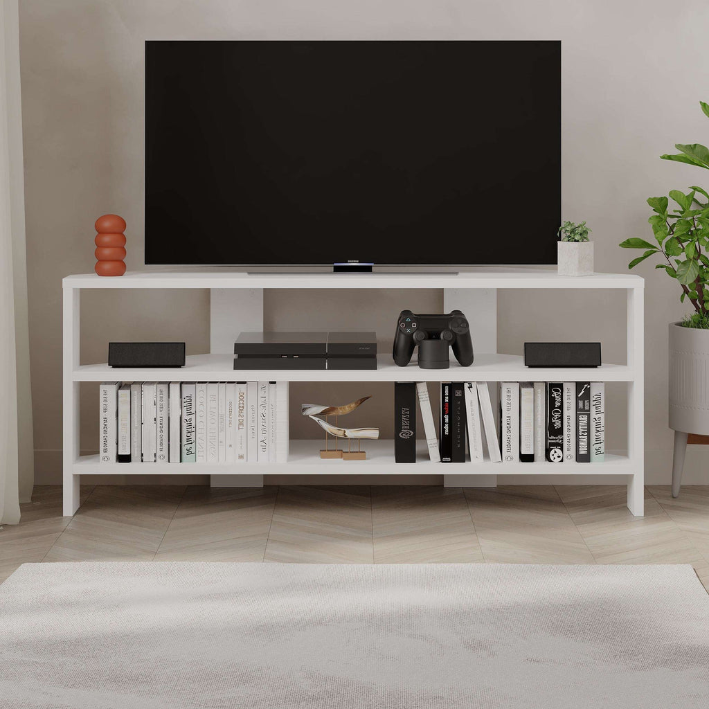 Light grey TV media console with open shelves and center shelf for console and speakers