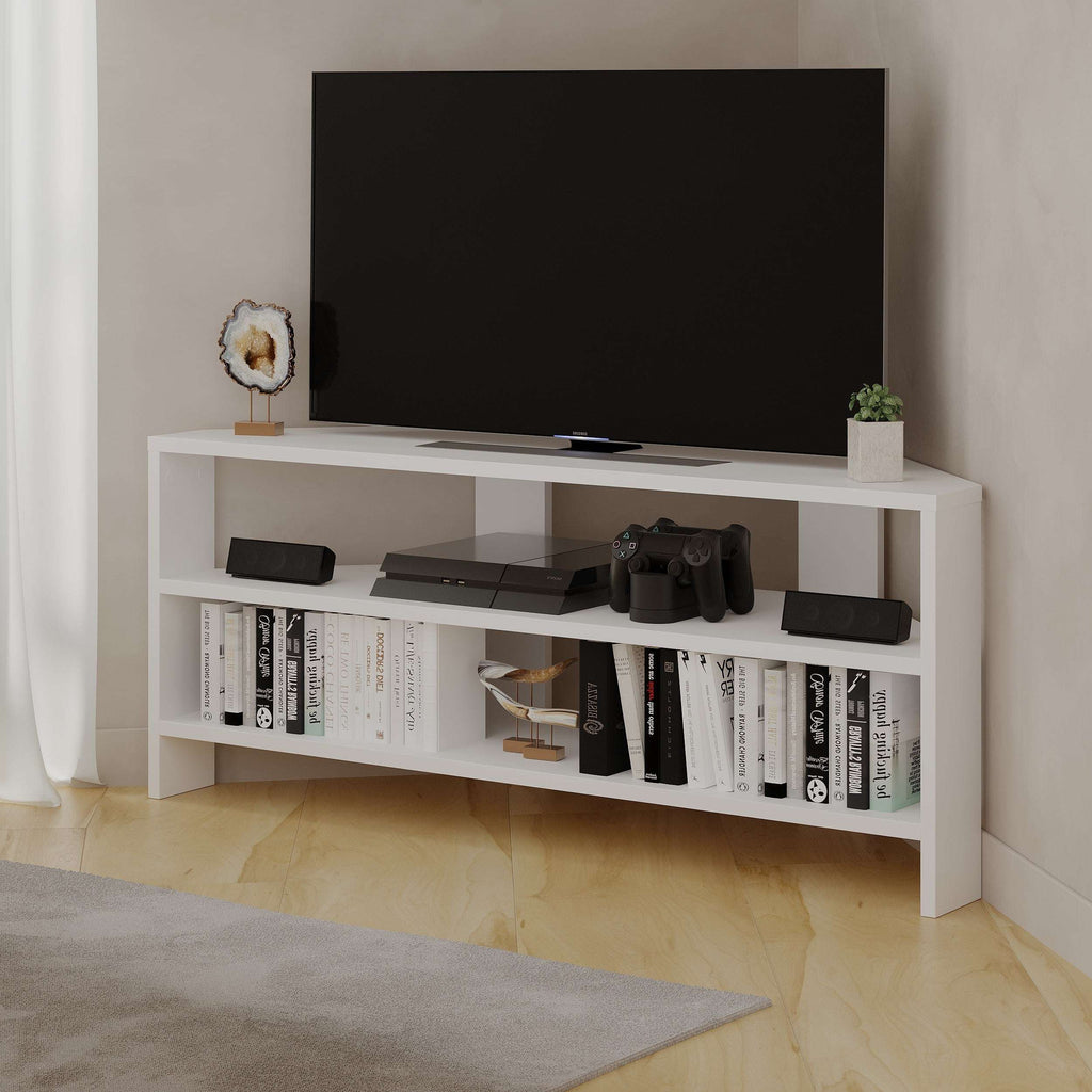 White TV stand with open shelves and center media shelf, gaming consoles and remotes
