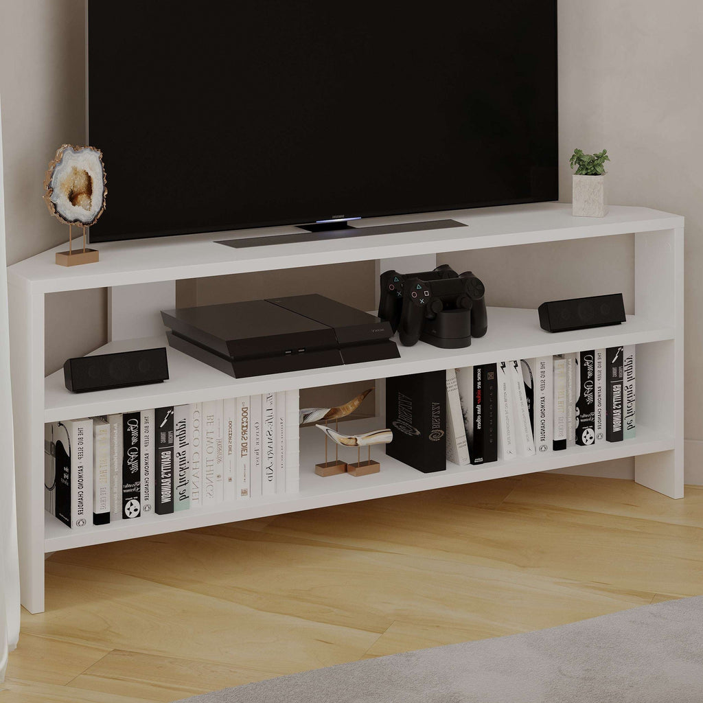 White TV media console with open shelves, center shelf, and visible gaming accessories