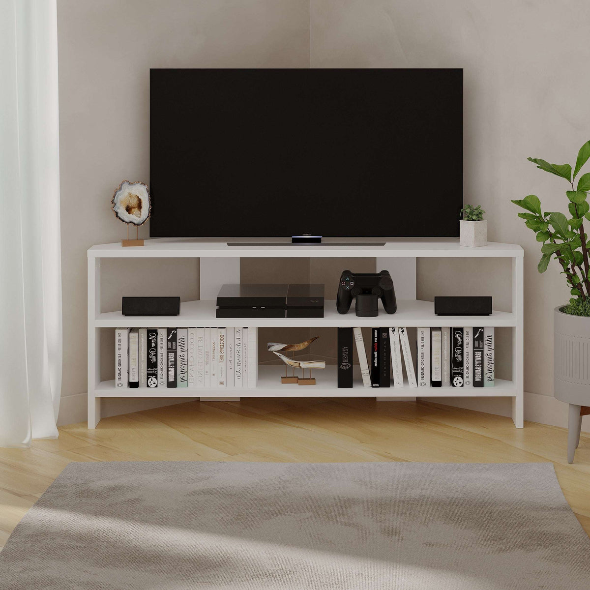 White TV media console with open shelves, two side cubbies, center media area