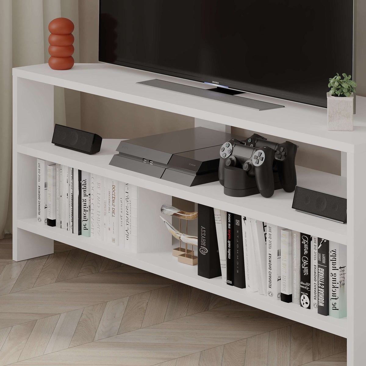 White TV console with open shelves, media box space, and console drawers
