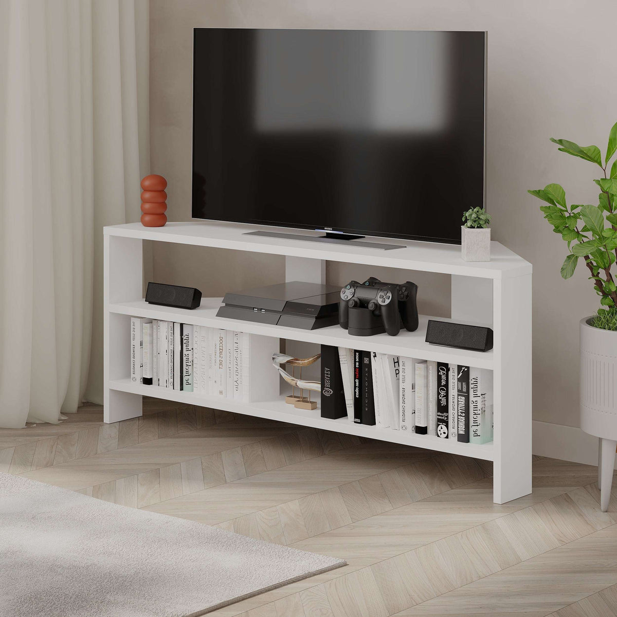 White TV stand with open shelves, media compartments, and cable-ready center shelf
