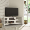 White corner TV stand with open shelves under a flat-screen TV