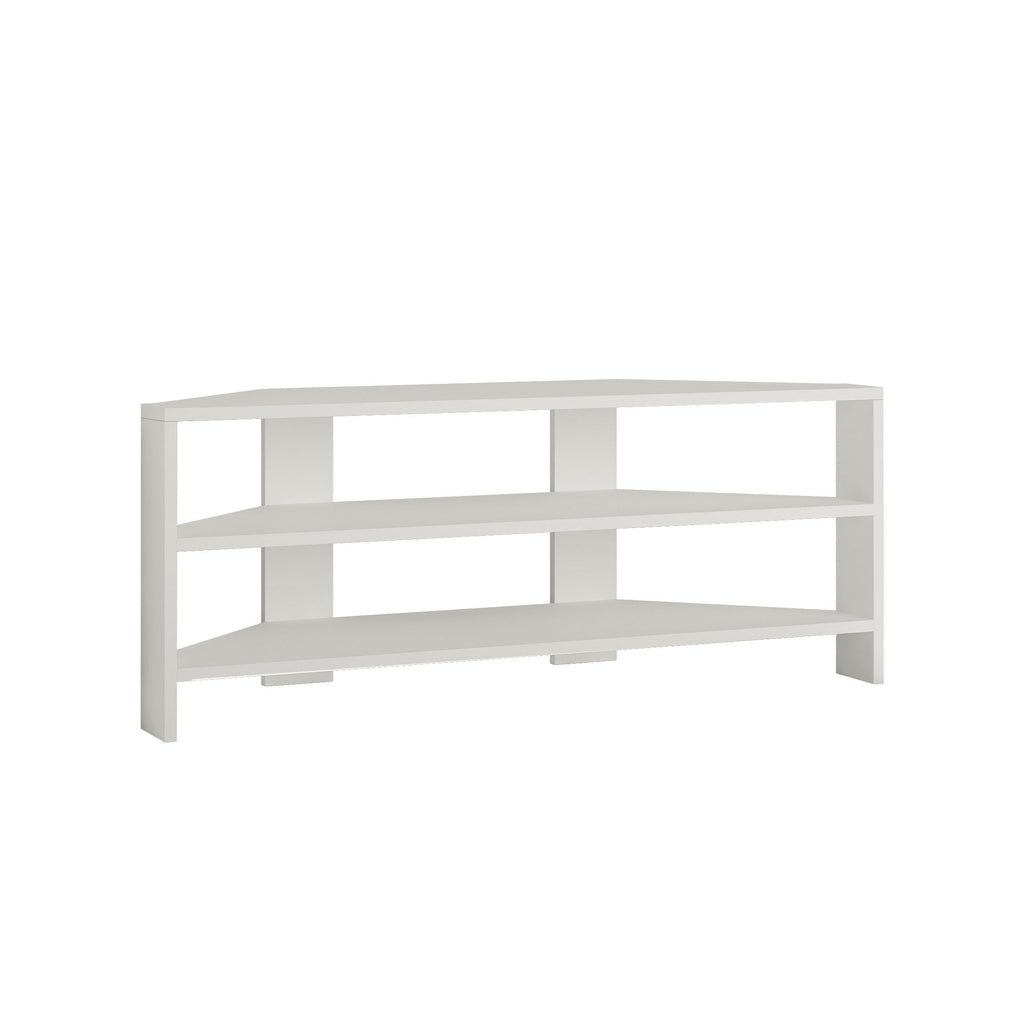 White modern TV stand with open shelving and three horizontal compartments