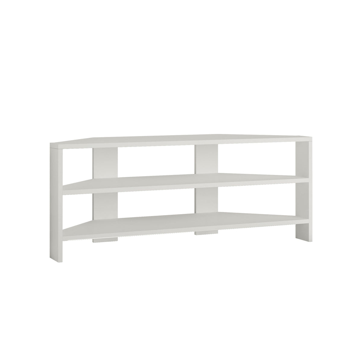 White modern TV stand with open shelving and three horizontal compartments