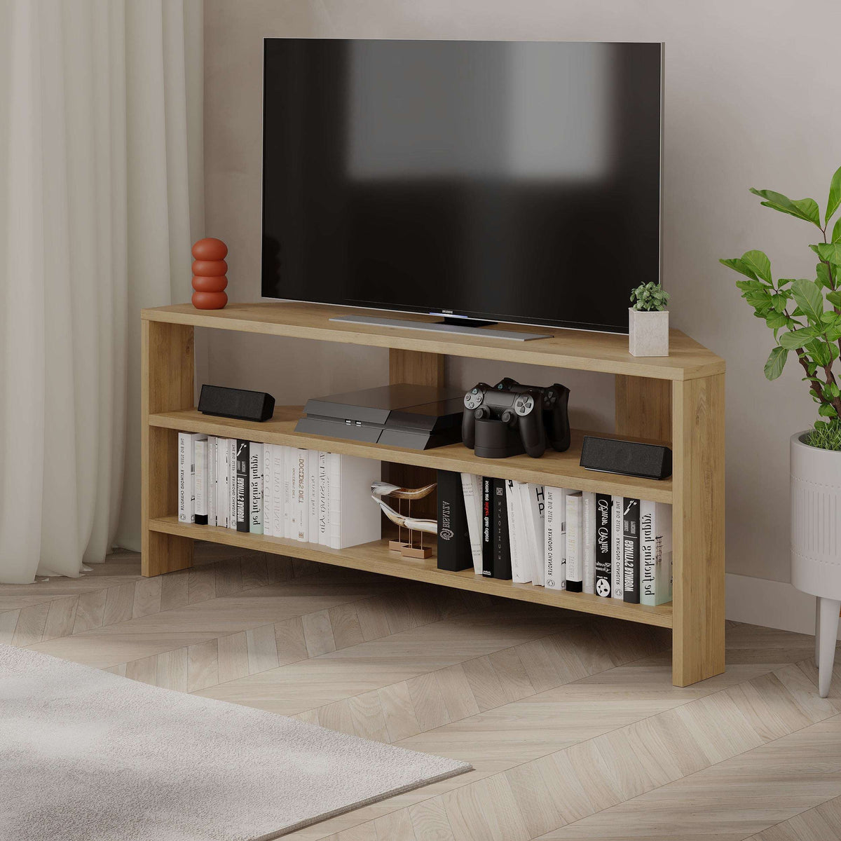 Light wood TV stand with open shelves and compartments for media devices