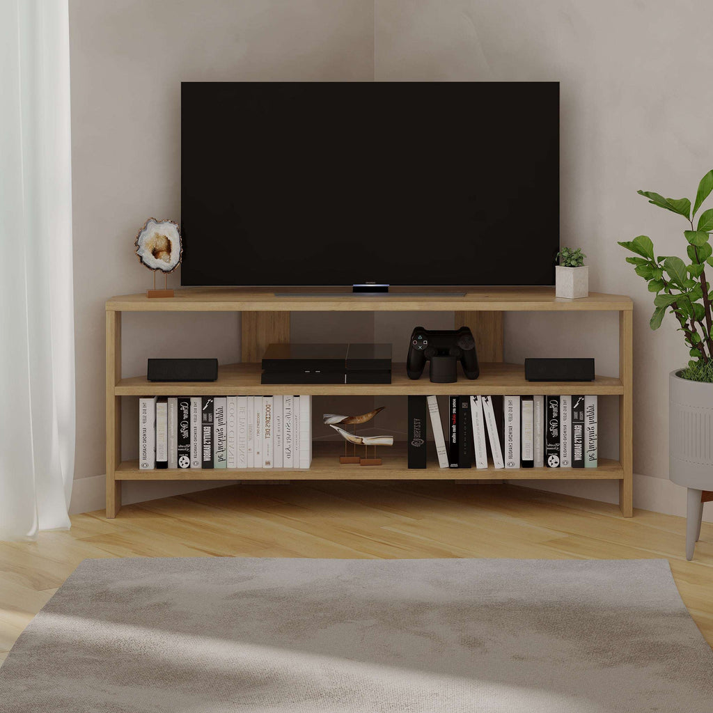 Light wood corner TV stand with open shelves and media console storage