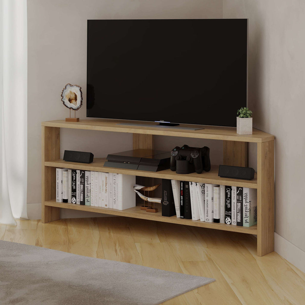 Corner TV stand in black with open shelves for media and consoles