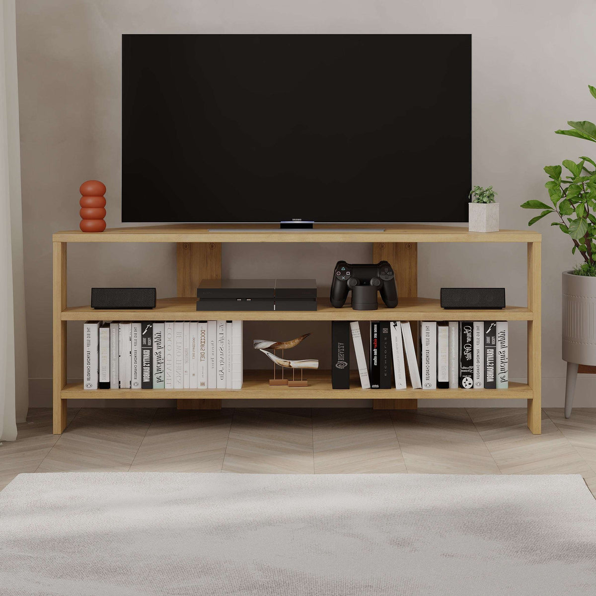 Light wood TV media console with open shelves and center shelf for console and speakers