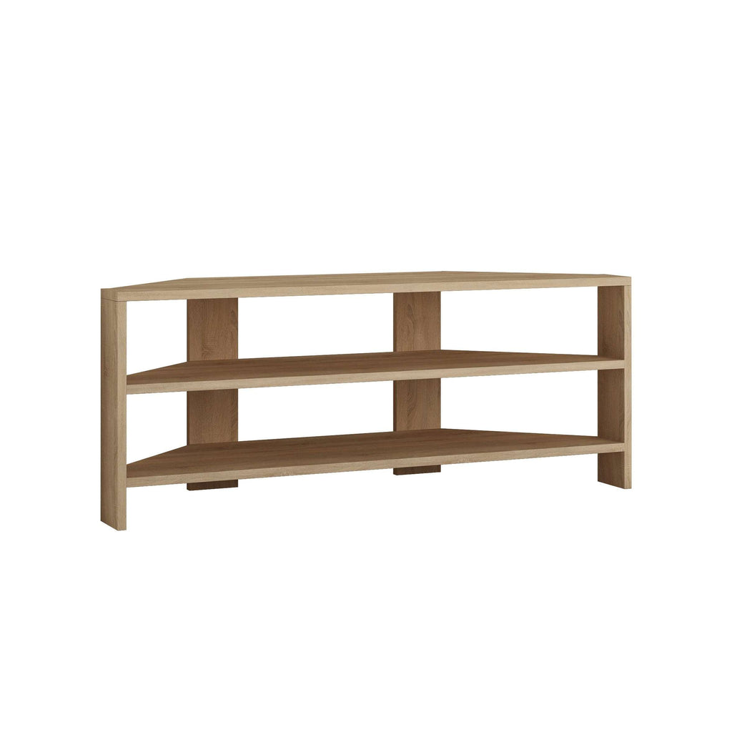 Light wood TV stand with three open shelves and center divider