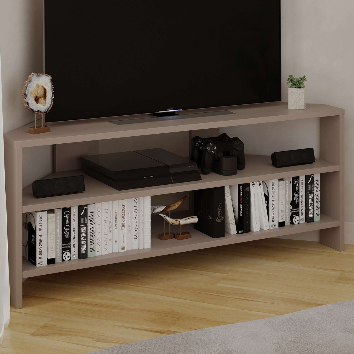 Light grey TV stand with open shelves, center media shelf, and gaming accessories
