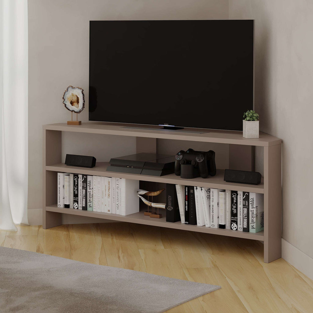 Light grey TV stand with open shelves, center media area, and gaming accessories