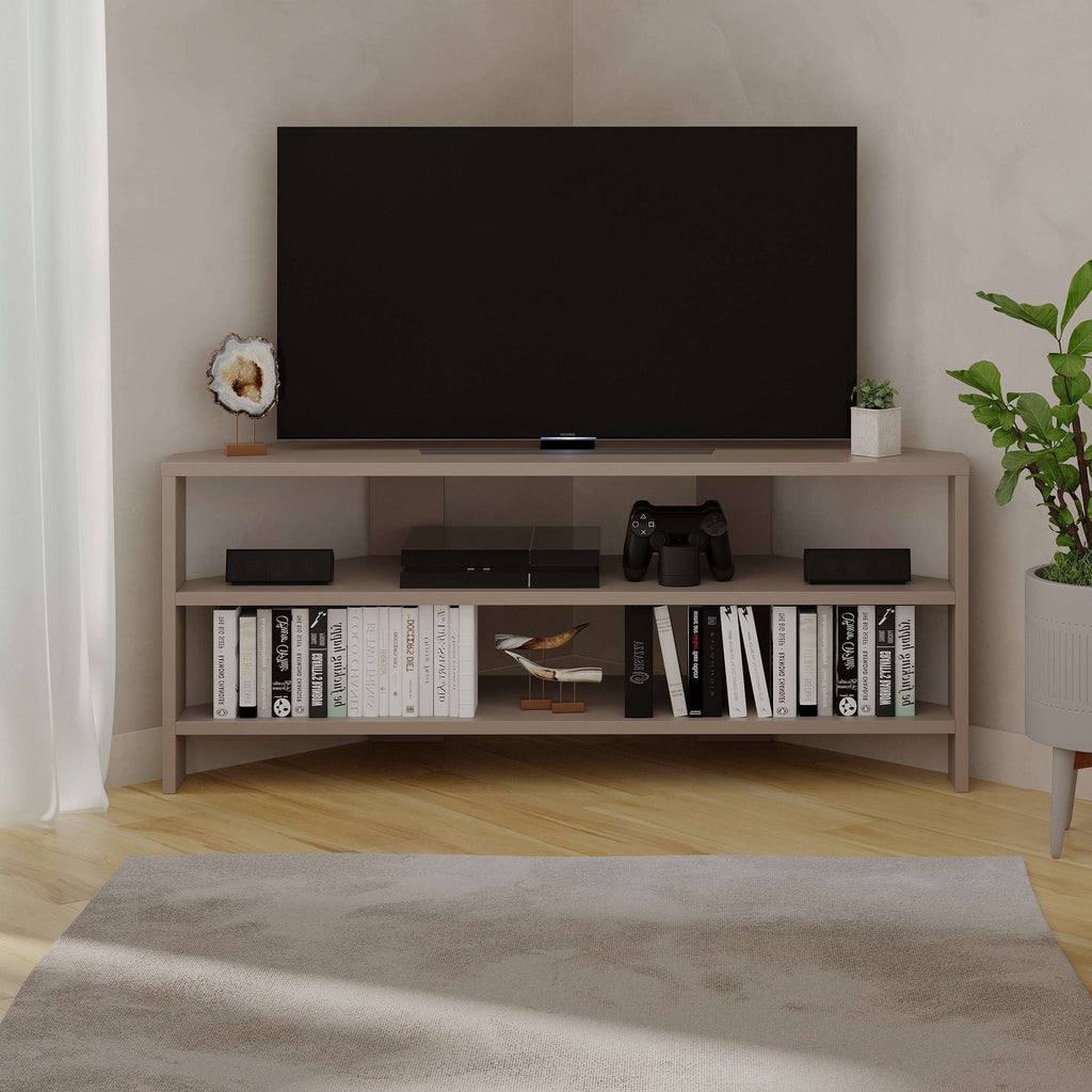 Light grey TV media console with open shelves and center shelf for media players