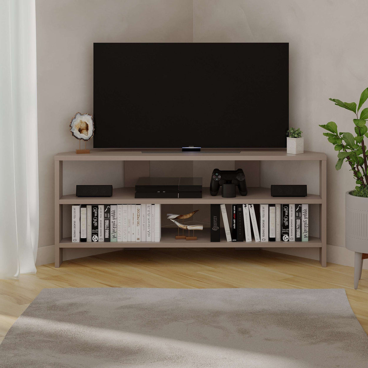 Light grey TV media console with open shelves and center shelf for media players