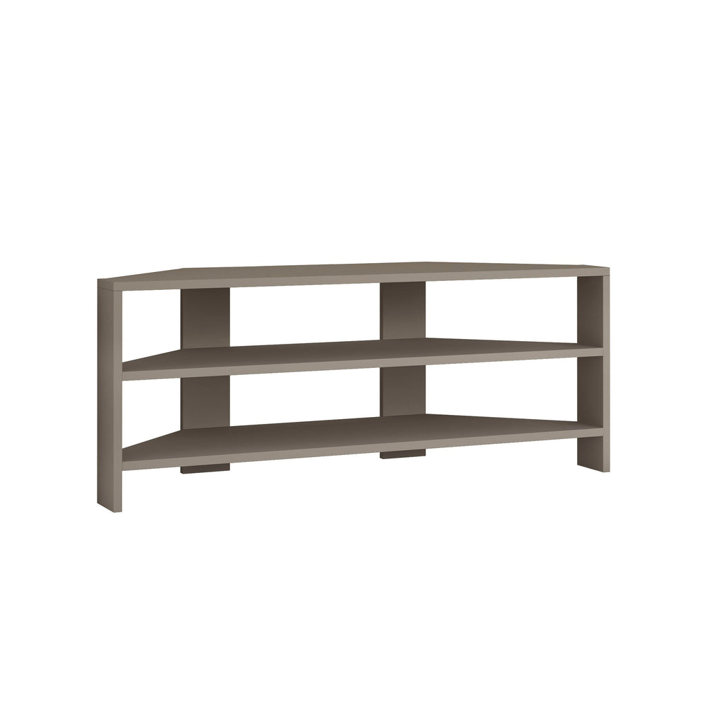 Grey modern TV stand with open shelving and three horizontal tiers