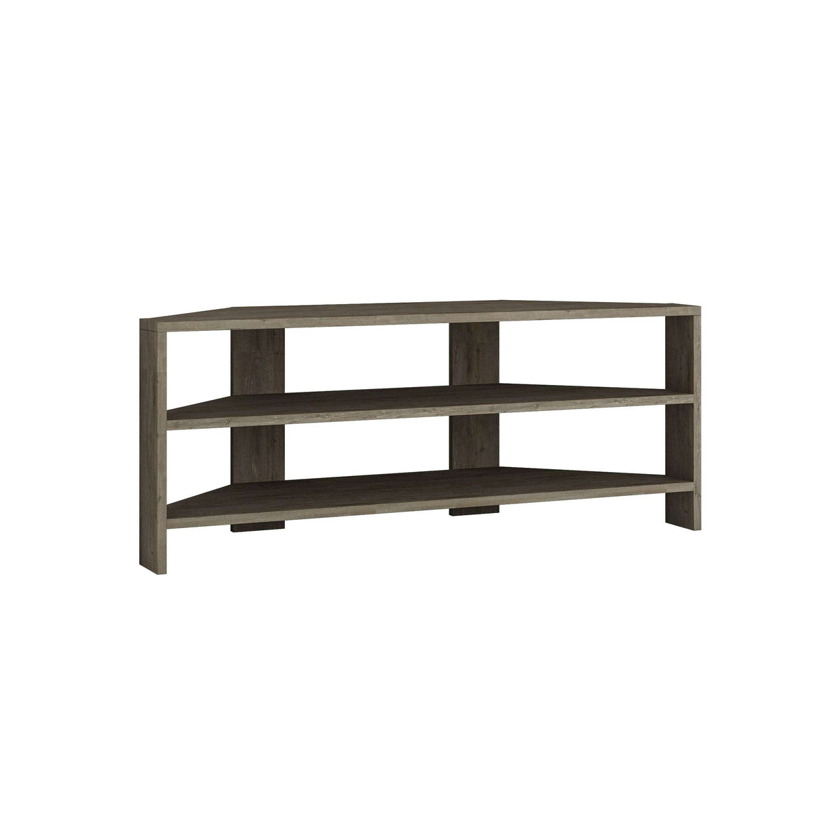 Dark wood TV stand with three open shelves and reinforced center supports