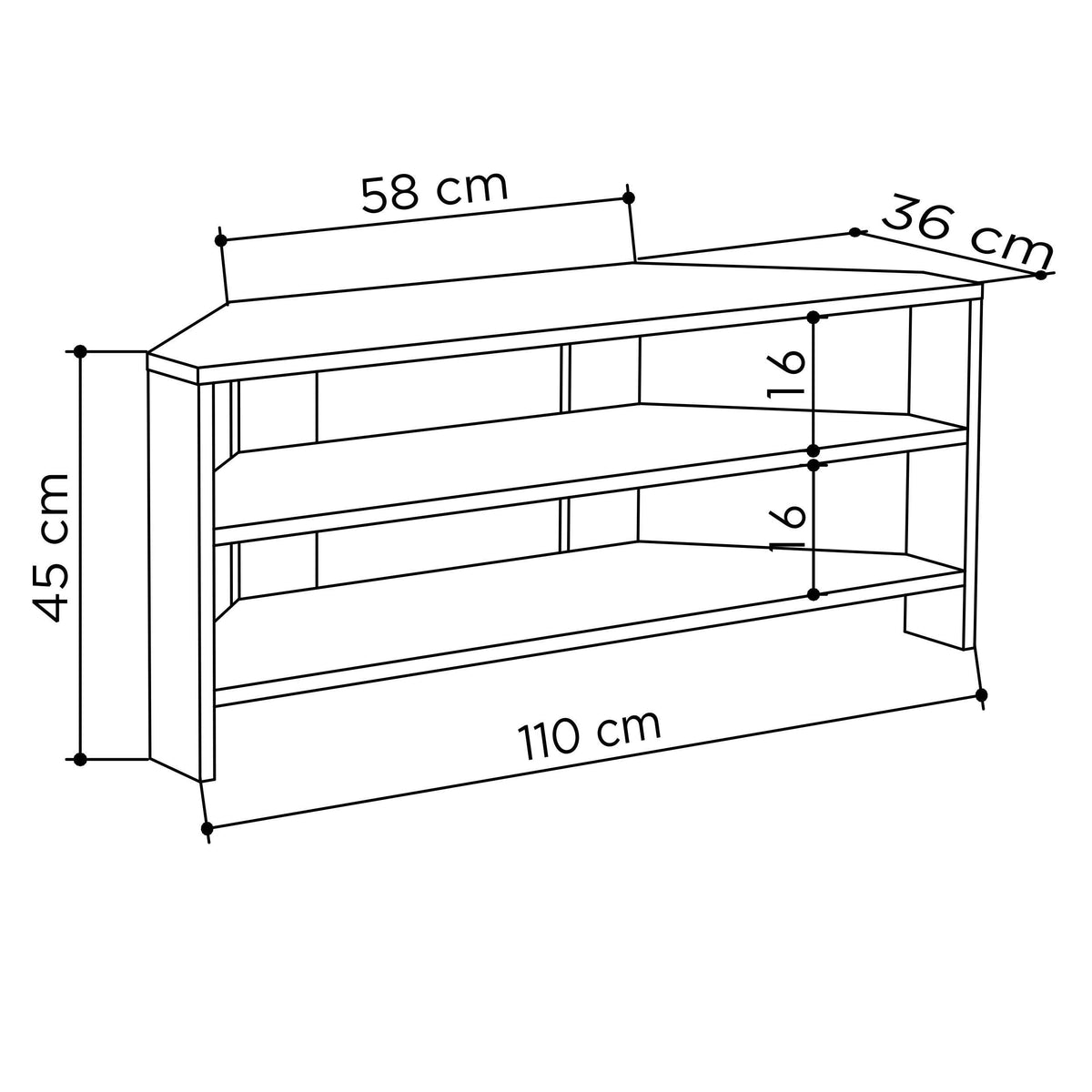 Front view dimensions diagram for corner TV stand, 110 cm x 45 cm x 36 cm