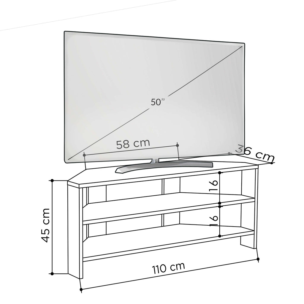 Corner TV stand dimensions diagram, 110 cm wide, 45 cm high, 36 cm deep
