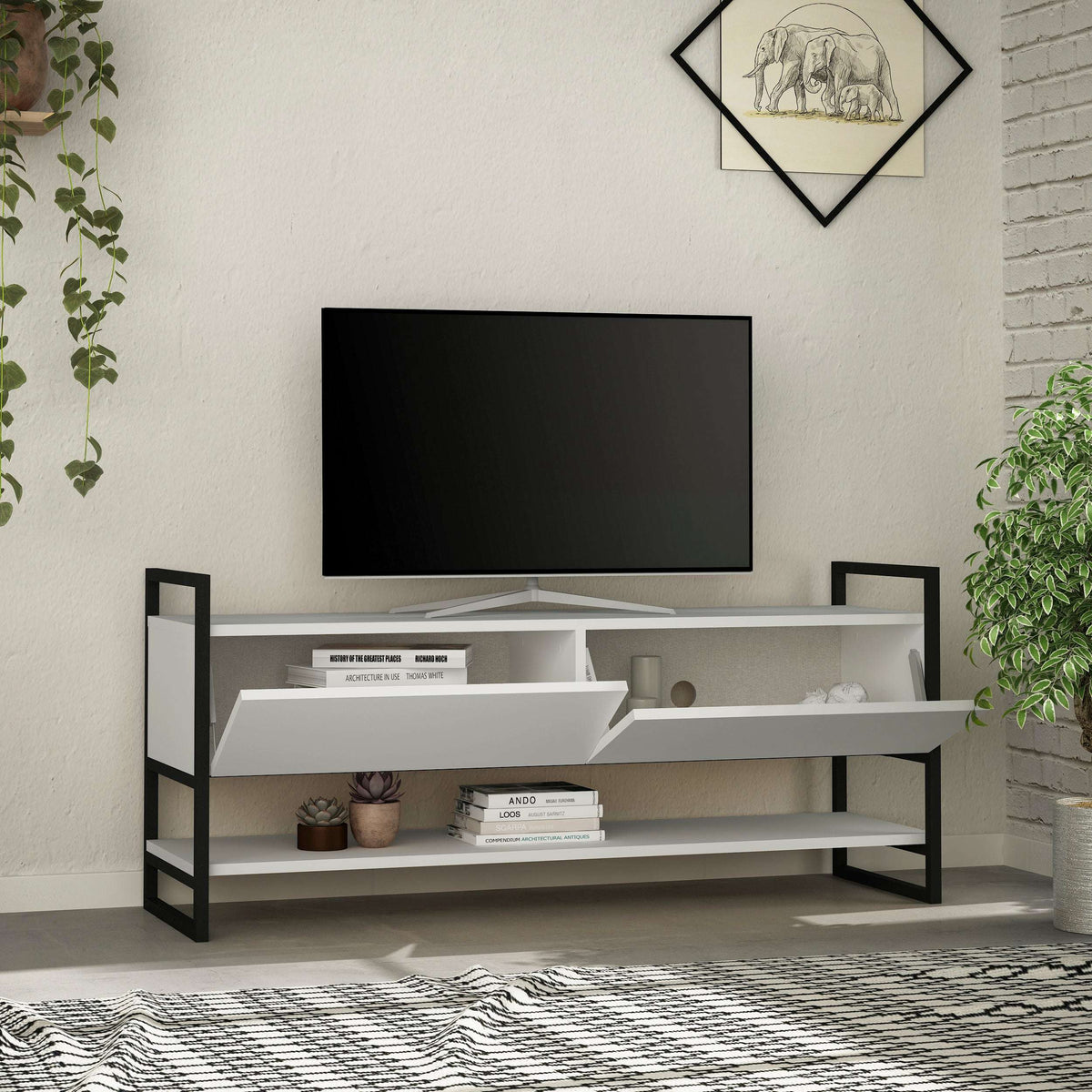 Modern TV stand in white with open compartments and side shelving sections.
