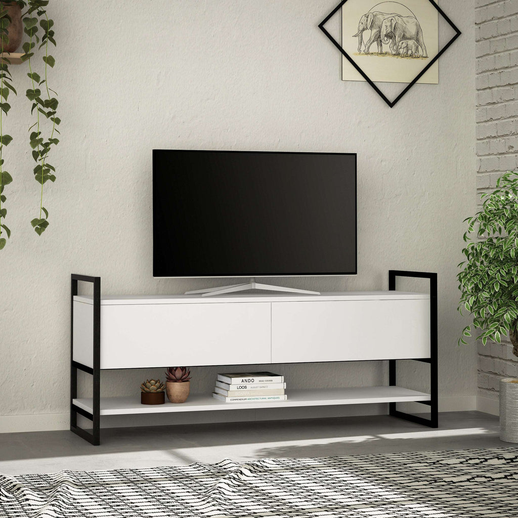 Modern TV stand in white finish with open media shelf and center compartment.