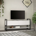 Modern TV stand in white finish with open media shelf and center compartment.