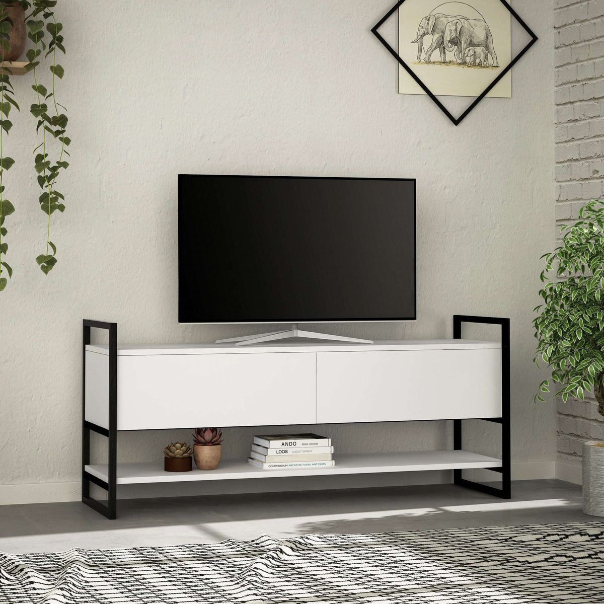 Modern TV stand in white finish with open media shelf and center compartment.