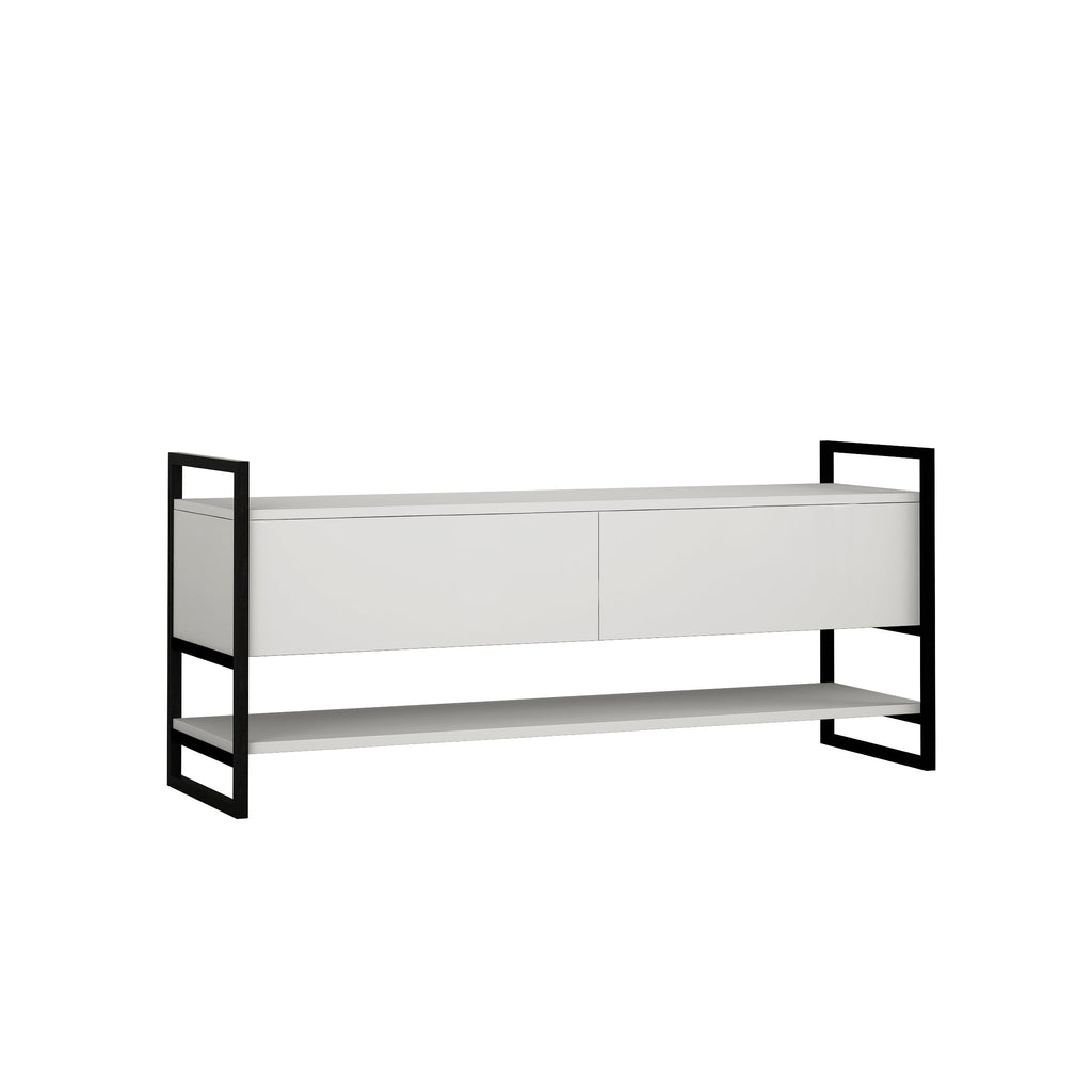 Modern TV stand in white finish, two front drawers and open shelf compartments