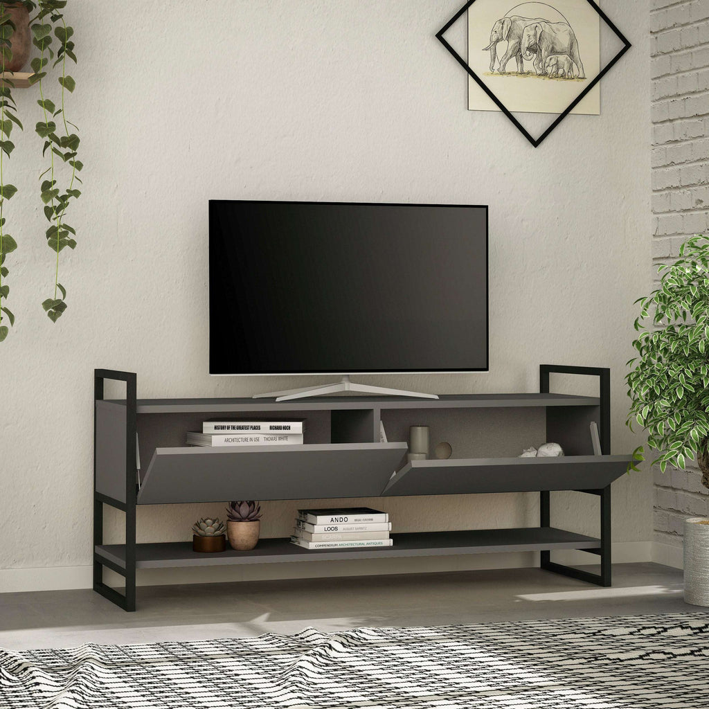Modern TV stand in gray with open compartments, shelves, and black metal end frames.