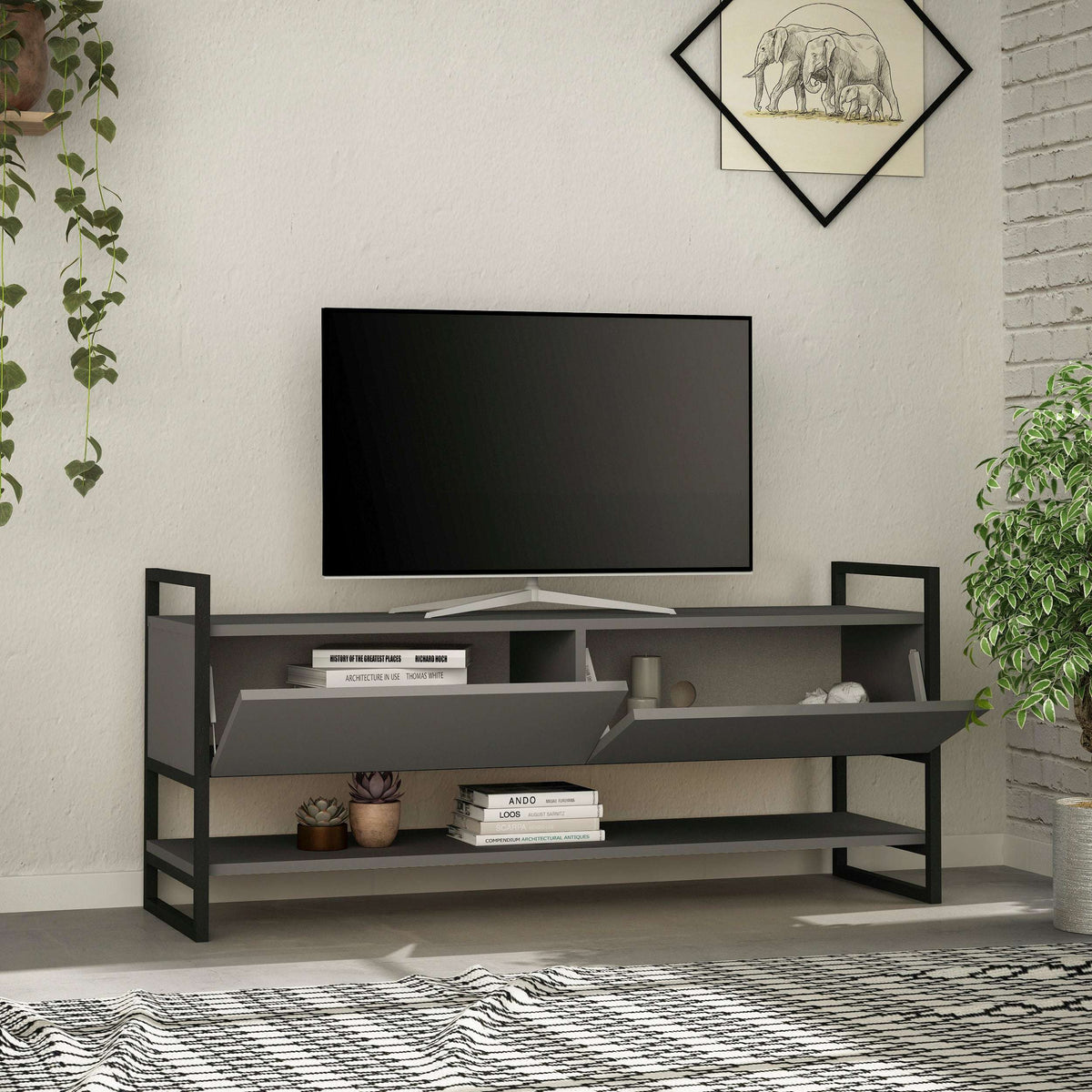 Modern TV stand in gray with open compartments, shelves, and black metal end frames.
